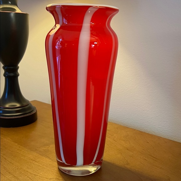 Vintage Red and White Striped Art Glass Vase - Picture 2 of 7